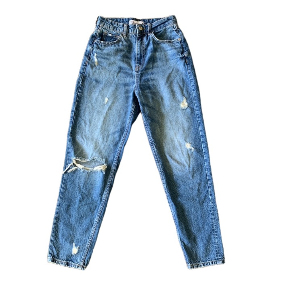 Zara Ultra High Rise Busted Right Knee Distressed Faded Wash Tapered Leg Jeans 4